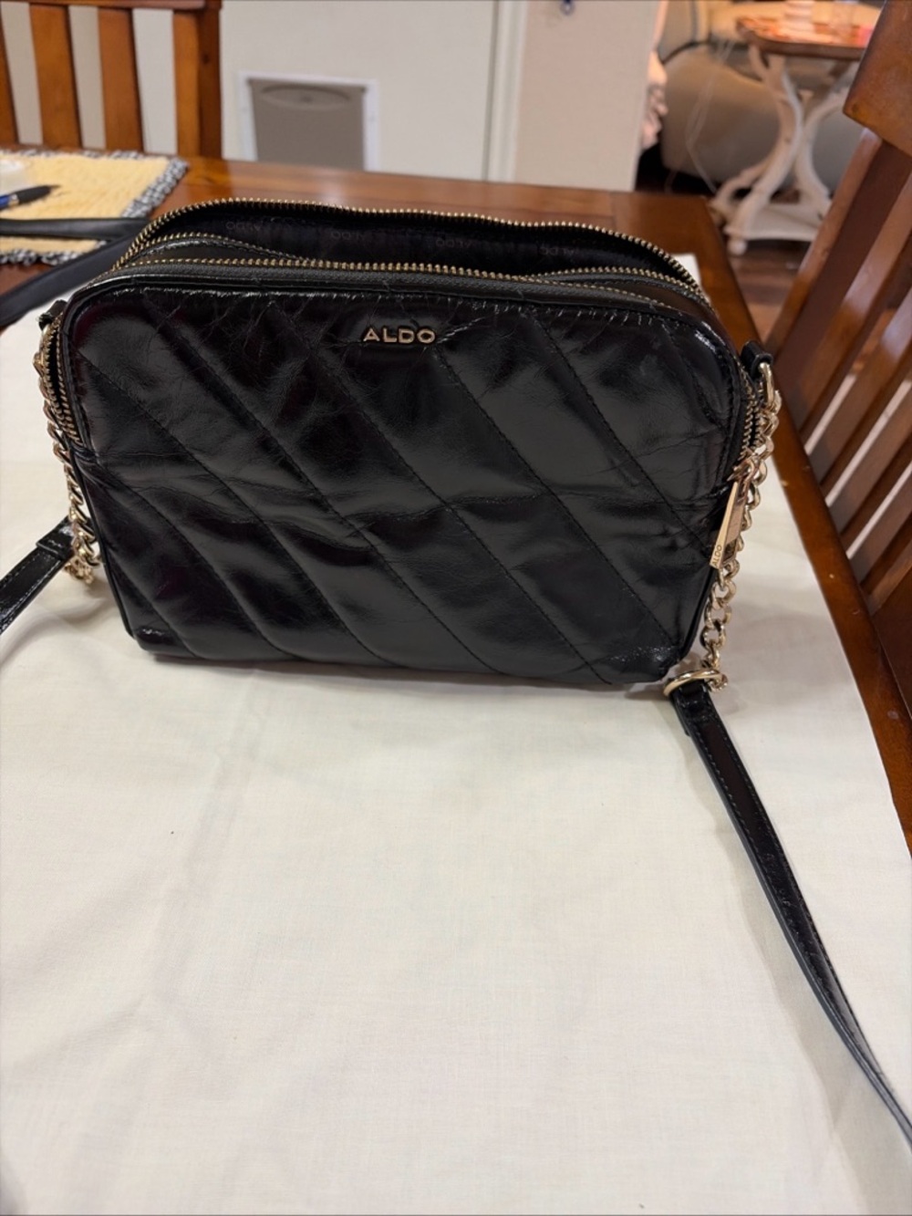 ALDO Black Quilted Crossbody with Gold Chain Trim